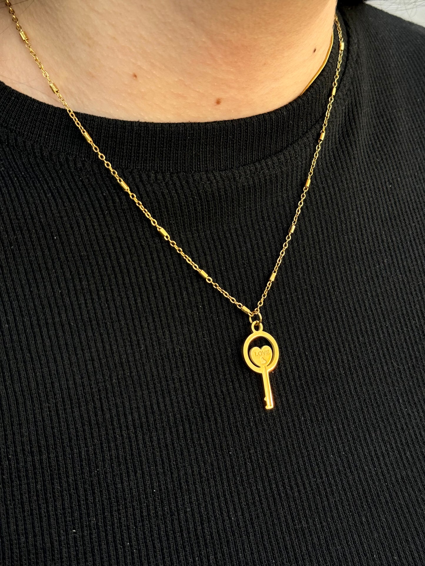 Gold Key Pendant Necklace – "Love" Engraving