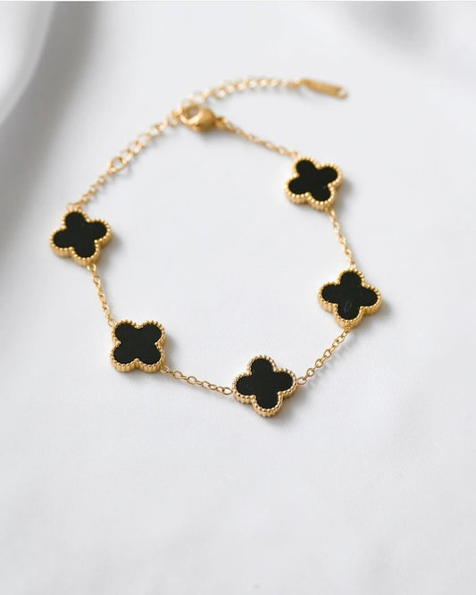 Van Cleef Style Gold Clover Bracelet – Black Enamel