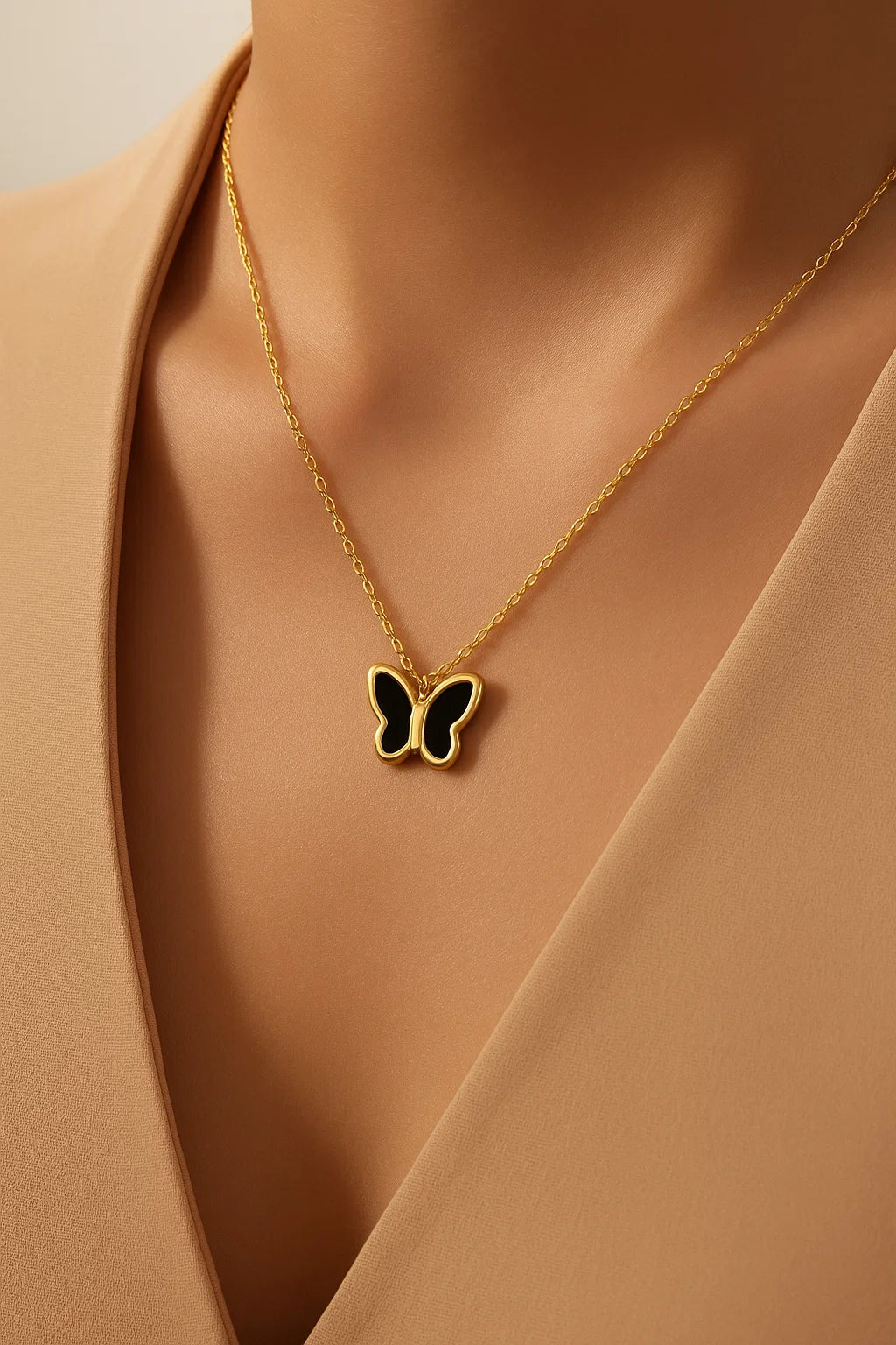 Black Enamel Butterfly Pendant Necklace