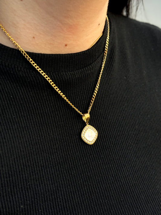 Gold Stainless Steel Pendant Necklace with White Stone