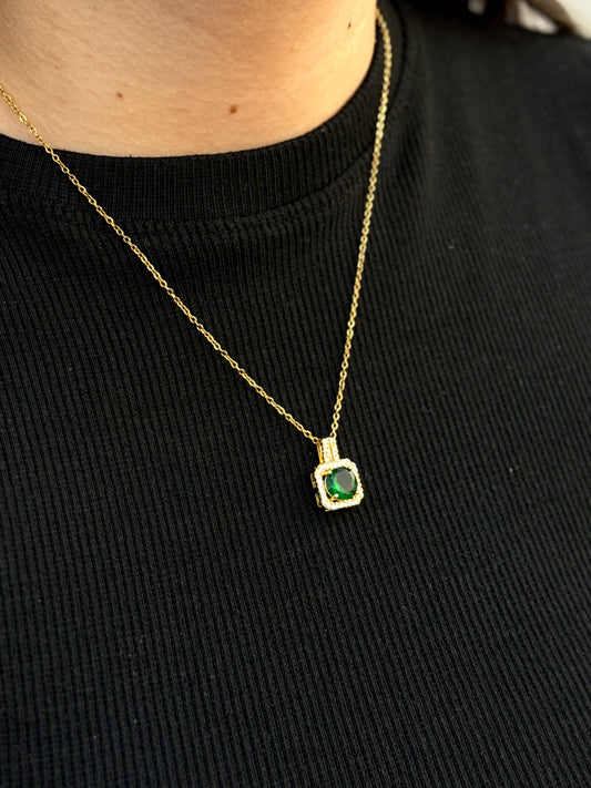 Emerald Green Halo Pendant Necklace