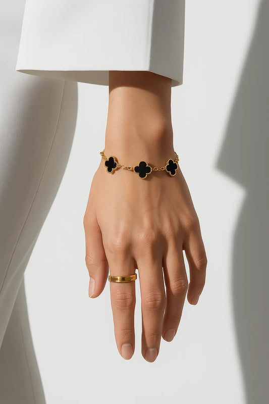 Van Cleef Style Gold Clover Bracelet – Black Enamel